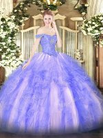 Dramatic Lavender Ball Gowns Beading and Ruffles Quinceanera Dresses Lace Up Tulle Sleeveless Floor Length