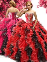 Classical Red And Black Sweetheart Neckline Beading and Ruffles Sweet 16 Dress Sleeveless Lace Up