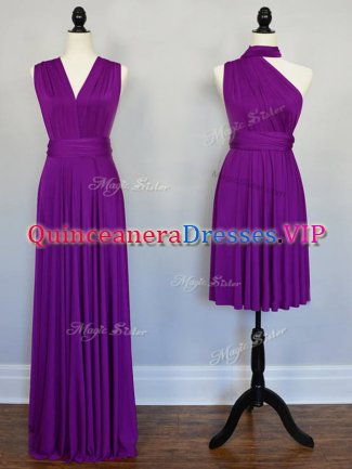 Beading and Ruching Quinceanera Dama Dress Purple Lace Up Sleeveless Floor Length