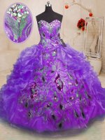 Low Price Purple Ball Gowns Organza Sweetheart Sleeveless Beading and Appliques and Ruffles Floor Length Zipper 15 Quinceanera Dress