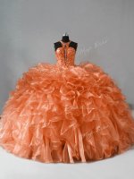 Flare Beading and Ruffles 15th Birthday Dress Orange Zipper Sleeveless Brush Train