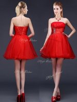 Organza Sleeveless Mini Length Dama Dress for Quinceanera and Beading and Ruching and Belt