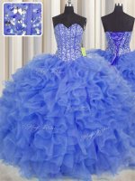 Customized Visible Boning Sleeveless Floor Length Beading and Ruffles and Sashes ribbons Lace Up Quinceanera Gowns with Blue