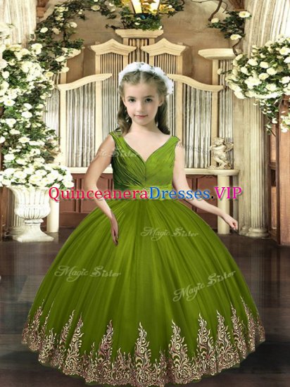 Olive Green V-neck Backless Embroidery Kids Formal Wear Sleeveless - Click Image to Close