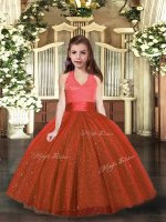 Unique Ball Gowns Pageant Dress Toddler Rust Red Halter Top Tulle Sleeveless Floor Length Lace Up