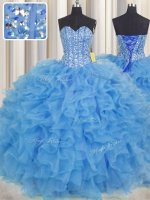 Visible Boning Baby Blue Organza Lace Up Sweetheart Sleeveless Floor Length Ball Gown Prom Dress Beading and Ruffles and Sashes ribbons