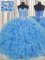 Visible Boning Baby Blue Organza Lace Up Sweetheart Sleeveless Floor Length Ball Gown Prom Dress Beading and Ruffles and Sashes ribbons