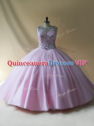 Baby Pink Ball Gowns Beading Quinceanera Gowns Lace Up Tulle Sleeveless Floor Length
