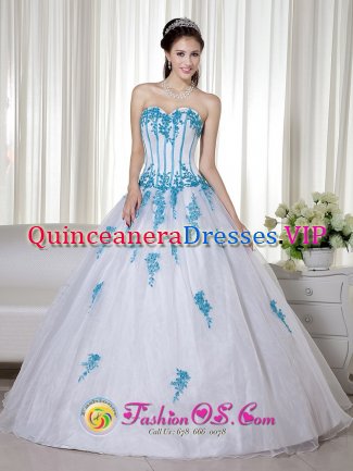 Ribadesella Spain White And Blue Sweetheart Floor-length Taffeta and Organza Appliques Decorate Romantic Quinceanera Dress