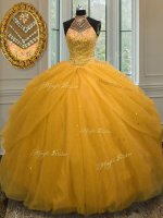 Inexpensive Tulle Halter Top Sleeveless Lace Up Beading Vestidos de Quinceanera in Gold(SKU PSSW077-2BIZ)