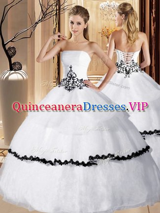 Floor Length Lace Up Vestidos de Quinceanera White for Military Ball and Sweet 16 and Quinceanera and Beach with Appliques and Ruffled Layers