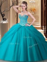 Teal Vestidos de Quinceanera Military Ball and Sweet 16 and Quinceanera with Beading Sweetheart Sleeveless Lace Up