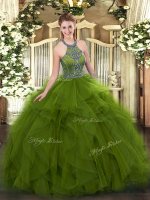 Lovely Ball Gowns 15th Birthday Dress Olive Green Halter Top Tulle Sleeveless Floor Length Lace Up