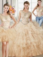 Three Piece Scoop Floor Length Champagne Quinceanera Gown Tulle Sleeveless Beading and Ruffles