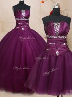 Stylish Three Piece Strapless Sleeveless Quinceanera Dresses Floor Length Beading Dark Purple Tulle(SKU PSSW0192KC002BIZ)
