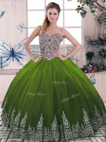 Sweetheart Sleeveless 15 Quinceanera Dress Floor Length Beading and Embroidery Olive Green Tulle