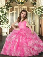 Rose Pink Straps Lace Up Ruffles Little Girls Pageant Dress Sleeveless