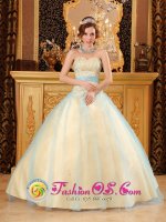 Elegant Beading Light Yellow Quinceanera Dress For Dedham Massachusetts/MA Sweetheart Satin and Organza A-line Gowns