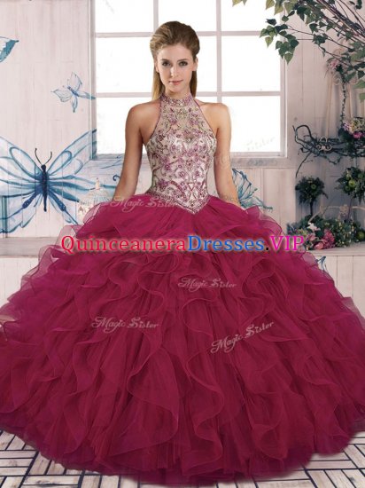 Burgundy Sleeveless Beading and Ruffles Floor Length Sweet 16 Dress - Click Image to Close