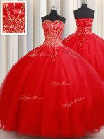 Custom Design Red Sleeveless Tulle Lace Up Ball Gown Prom Dress for Military Ball and Sweet 16 and Quinceanera
