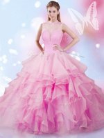 Traditional Rose Pink Lace Up High-neck Beading and Ruffles Quinceanera Gown Tulle Sleeveless(SKU SJQDDT806002-2BIZ)