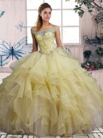 Chic Yellow Lace Up Off The Shoulder Beading and Ruffles 15th Birthday Dress Organza Sleeveless
