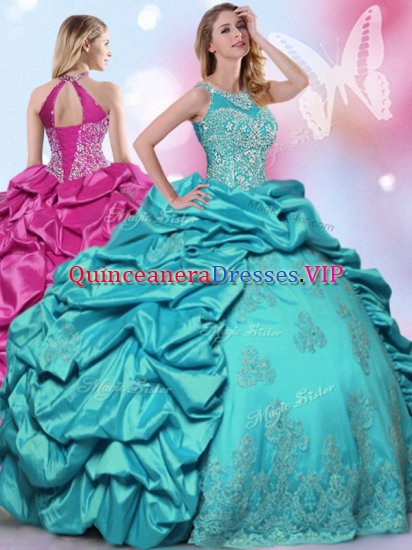 Glittering Pick Ups Halter Top Sleeveless Lace Up Sweet 16 Dresses Teal Taffeta - Click Image to Close