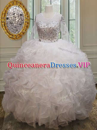 Scoop See Through White Long Sleeves Organza Lace Up Quince Ball Gowns for Military Ball and Sweet 16 and Quinceanera