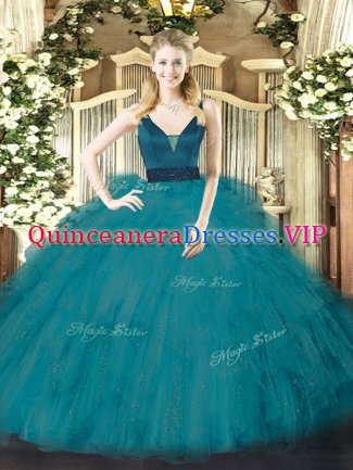 Affordable Teal Sleeveless Tulle Zipper Ball Gown Prom Dress for Military Ball and Sweet 16 and Quinceanera