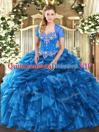 Colorful Blue Ball Gowns Sweetheart Sleeveless Organza Floor Length Lace Up Beading and Ruffles and Pick Ups Quinceanera Dress