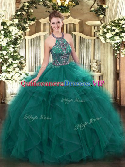 Elegant Halter Top Sleeveless Lace Up Quinceanera Dress Teal Tulle - Click Image to Close