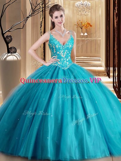 Floor Length Lace Up Sweet 16 Dresses Teal for Military Ball and Sweet 16 and Quinceanera with Beading and Lace and Appliques - Click Image to Close