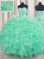 Sleeveless Floor Length Beading and Ruffles Lace Up 15 Quinceanera Dress with Turquoise