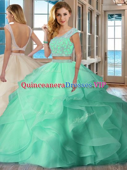 Cute Scoop Cap Sleeves Organza Quince Ball Gowns Beading and Ruffles Backless - Click Image to Close