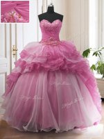 Enchanting Ruffled Rose Pink Sleeveless Organza Sweep Train Lace Up Military Ball Dresses For Women for Military Ball and Sweet 16 and Quinceanera