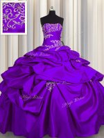 Custom Designed Purple Ball Gowns Strapless Sleeveless Taffeta Floor Length Lace Up Appliques and Pick Ups 15th Birthday Dress