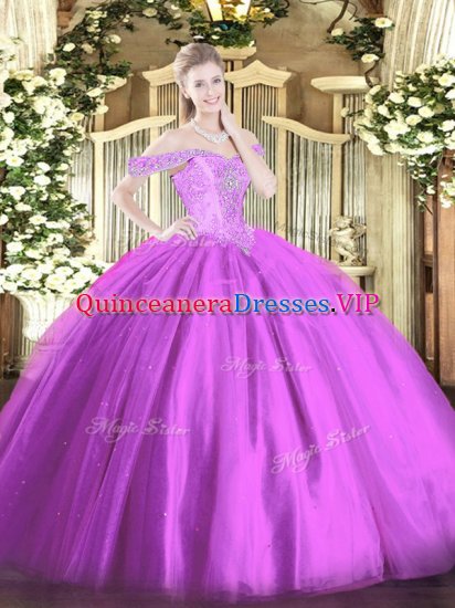 Lilac Lace Up Off The Shoulder Beading Sweet 16 Quinceanera Dress Tulle Sleeveless - Click Image to Close
