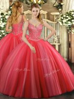 Tulle V-neck Sleeveless Lace Up Beading Sweet 16 Dresses in Coral Red