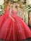 Tulle V-neck Sleeveless Lace Up Beading Sweet 16 Dresses in Coral Red