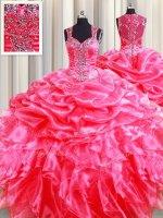 New Arrival Zipper Up See Through Back Hot Pink Sleeveless Floor Length Beading and Ruffles and Pick Ups Zipper Quinceanera Gown