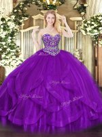 Super Eggplant Purple Ball Gowns Tulle Sweetheart Sleeveless Ruffles Floor Length Lace Up Quinceanera Dress