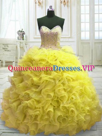 Yellow Sweetheart Lace Up Beading and Ruffles Vestidos de Quinceanera Sweep Train Sleeveless