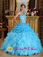 Paonia Colorado/CO One Shoulder Aque Blue Ruffles Luxurious Quinceanera Dresses With Beaded Decorate Bust For Graduation