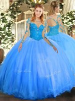 Glittering Baby Blue Ball Gowns Lace Vestidos de Quinceanera Lace Up Tulle Long Sleeves Floor Length