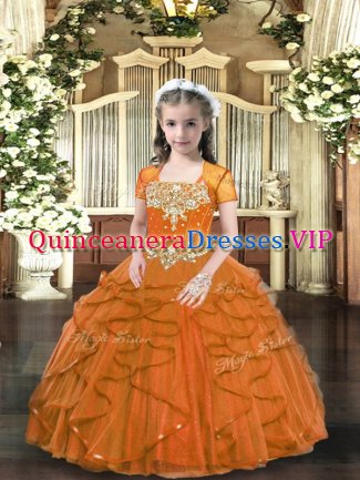 Brown Straps Neckline Beading and Ruffles Kids Pageant Dress Sleeveless Lace Up