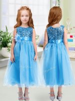 Discount Sleeveless Tea Length Sequins and Hand Made Flower Zipper Kids Pageant Dress with Baby Blue