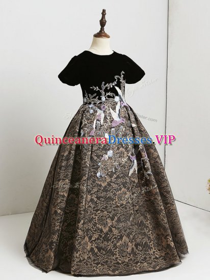 Hot Selling Scoop Short Sleeves Zipper Little Girls Pageant Gowns Black Lace - Click Image to Close