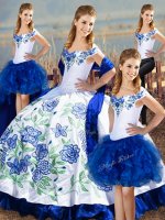 Fantastic Blue And White Ball Gowns Satin Off The Shoulder Sleeveless Embroidery Floor Length Lace Up Quinceanera Gowns
