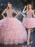 Trendy Baby Pink Organza Lace Up Quinceanera Dresses Sleeveless Floor Length Beading and Ruffles