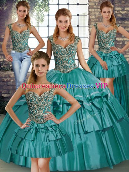 Teal Ball Gowns Straps Sleeveless Taffeta Floor Length Lace Up Beading and Ruffled Layers Sweet 16 Dress - Click Image to Close